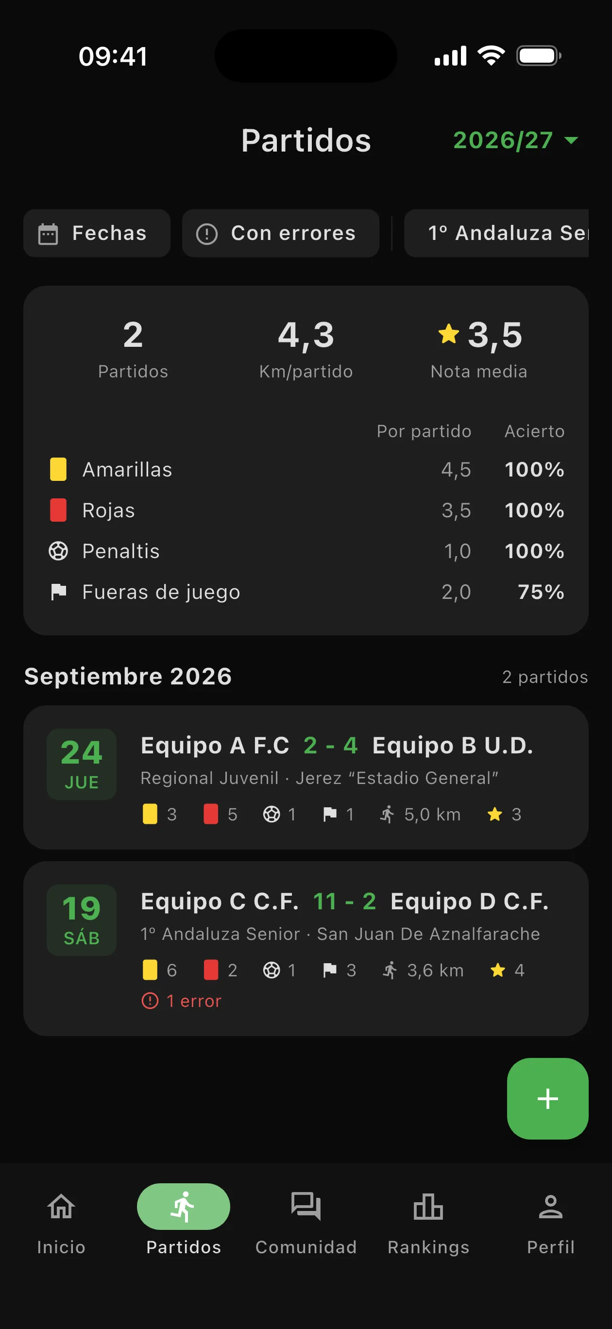 Diario de partidos de Rulefy con el resumen de la temporada